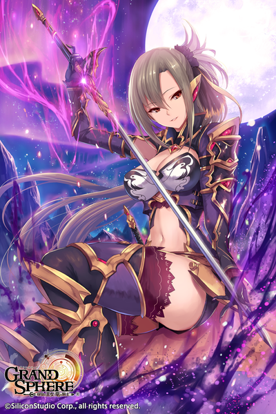 Anime picture 610x915 with grand sphere fukai ryosuke single long hair tall image fringe breasts light erotic hair between eyes red eyes brown hair large breasts payot looking away cleavage bent knee (knees) ponytail parted lips wind zettai ryouiki