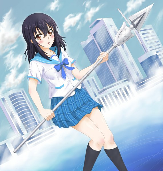 Anime picture 1000x1050 with strike the blood himeragi yukina koishi (pxvtake) single long hair tall image looking at viewer blush black hair brown eyes sky cloud (clouds) girl skirt uniform school uniform socks black socks building (buildings)