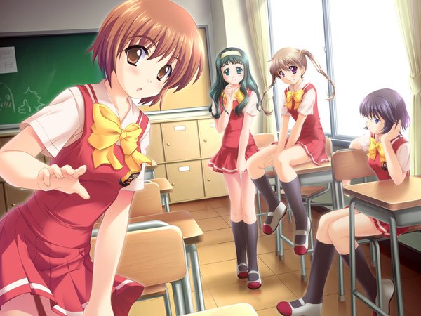 Anime picture 1024x768 with kashimashi osaragi hazumu kurusu tomari kamiizumi yasuna mari ayuki richu long hair looking at viewer blush short hair black hair brown hair twintails multiple girls brown eyes purple hair chin rest girl uniform school uniform