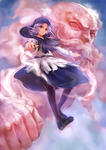 Anime picture 1031x1456 with touhou kumoi ichirin unzan nokishita single tall image looking at viewer smile purple eyes sky purple hair girl