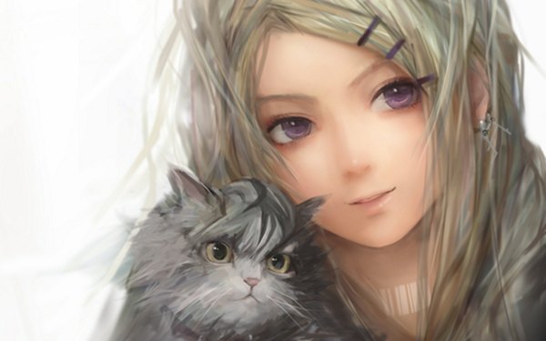 Anime picture 1920x1200 with original misshu single highres wide image white background purple eyes realistic portrait face girl earrings animal cat barcode