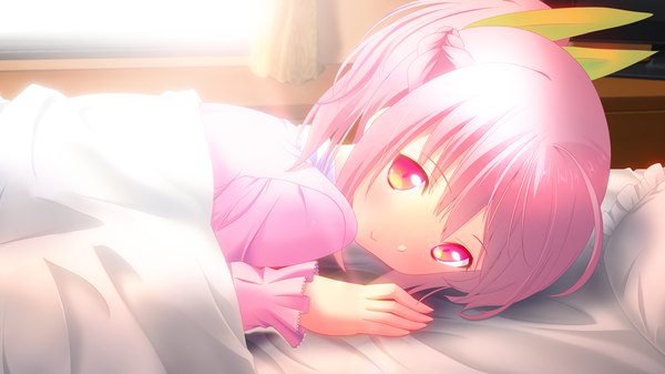 Anime picture 1280x720 with touhikou game ichiha nia yasuyuki single blush short hair smile wide image pink hair game cg pink eyes sunlight half updo girl hair ornament window pillow bed pajamas