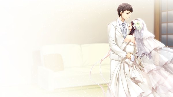 Anime picture 1280x720 with boku no hitori sensou akabei soft2 inuzuka rumi long hair short hair open mouth black hair wide image game cg hair flower couple hug girl dress boy gloves hair ornament flower (flowers) elbow gloves white gloves