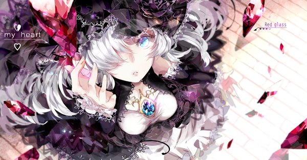 Anime picture 1500x780 with original rooseputo 02 single long hair looking at viewer fringe blue eyes wide image white hair hair over one eye girl dress brooch