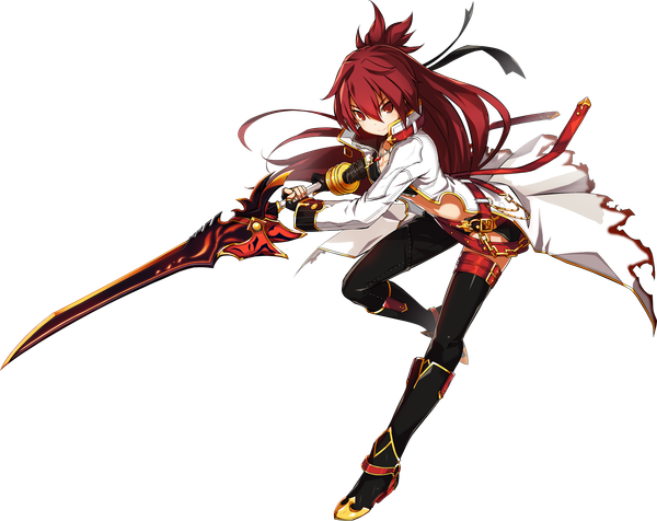 Anime picture 2899x2300 with elsword elesis (elsword) blazing heart (elsword) ress single long hair looking at viewer fringe highres smile standing holding full body bent knee (knees) official art leaning leaning forward standing on one leg transparent background leg lift (legs lift)