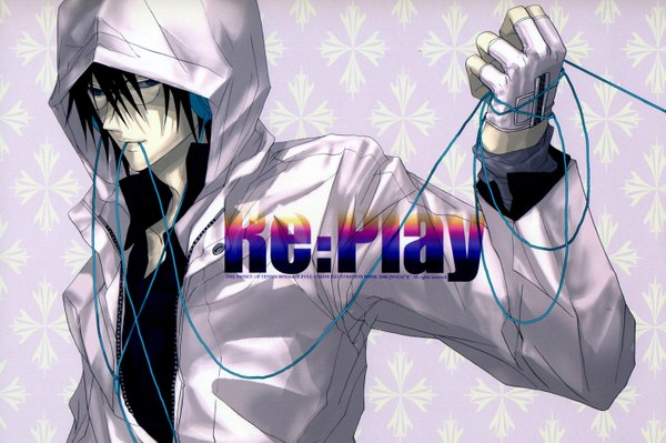 Anime picture 1400x933 with prince of tennis oshitari yuushi jyozai (artist) short hair blue eyes black hair smile mouth hold boy gloves glasses headphones fingerless gloves hood wire (wires)