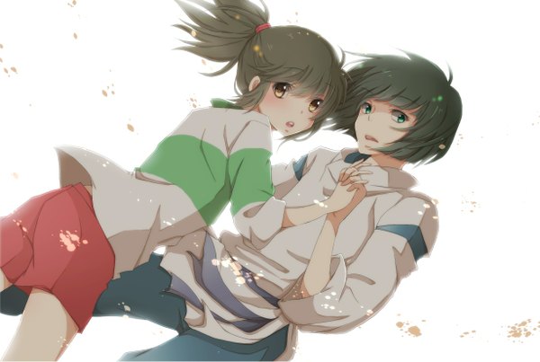 Anime picture 1227x826 with spirited away studio ghibli haku (spirited away) ogino chihiro hiro (hirohiro31) looking at viewer blush short hair open mouth black hair simple background brown hair white background brown eyes green eyes couple holding hands girl boy