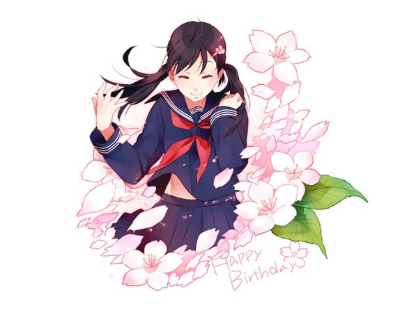 Anime picture 1280x960 with original ai (pixiv 2263054) single long hair black hair simple background smile white background twintails eyes closed hair flower light smile wind inscription text short twintails happy english happy birthday girl