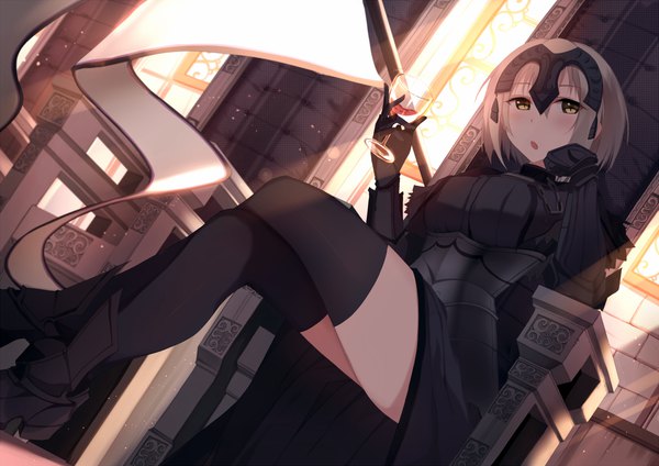 Anime picture 1200x848 with fate (series) fate/grand order fate/apocrypha jeanne d'arc (fate) (all) jeanne d'arc alter (fate) riki-to single looking at viewer blush short hair open mouth blonde hair sitting yellow eyes crossed legs girl thighhighs dress gloves hair ornament