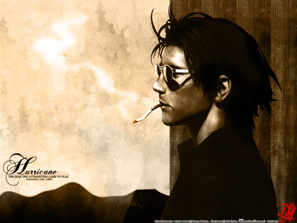 Anime picture 1600x1200 with blue submarine no 6 gonzo range murata single short hair black hair profile dark skin smoke smoking boy sunglasses cigarette