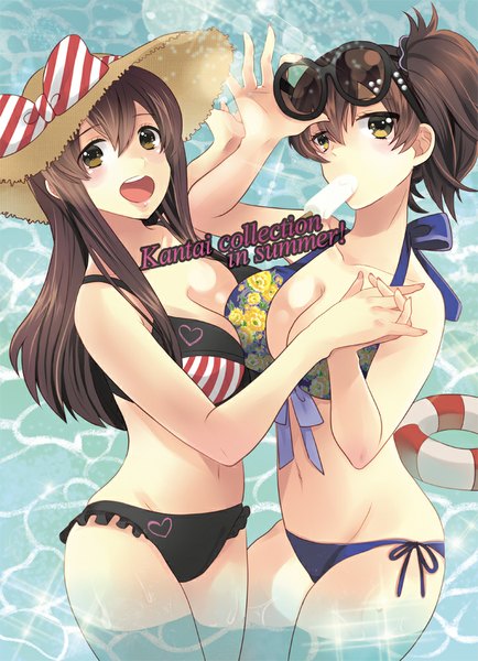 Anime picture 723x1000 with kantai collection kaga aircraft carrier akagi aircraft carrier otsuki38 long hair tall image looking at viewer short hair breasts open mouth light erotic brown hair multiple girls brown eyes cleavage ponytail inscription bare belly holding hands sunglasses on head