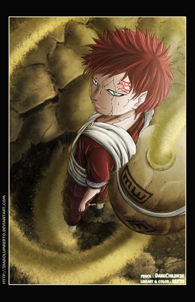 Anime picture 1035x1600 with naruto studio pierrot naruto (series) gaara diabolumberto single tall image looking at viewer short hair smile green eyes red hair from above tattoo coloring magic sand jinchuriki boy pitcher