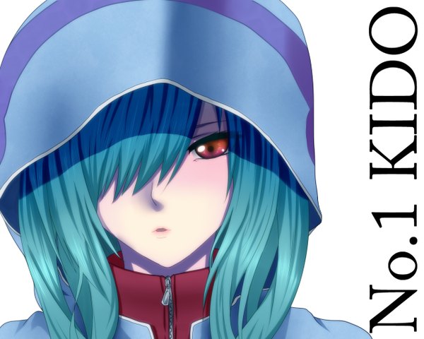 Anime picture 1280x1024 with my (artist) single long hair fringe simple background white background brown eyes lips hair over one eye aqua hair inscription close-up face girl