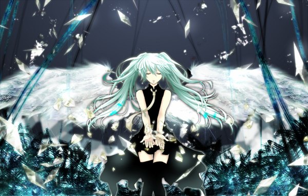 Anime picture 1500x957 with vocaloid hatsune miku aonoe single long hair twintails eyes closed aqua hair girl thighhighs dress necktie