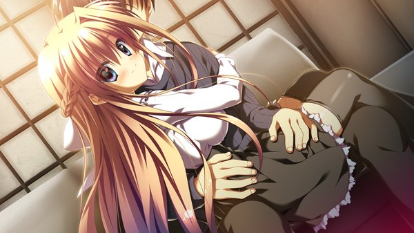 Anime picture 1280x720 with 12 no tsuki no eve unahara yuki long hair blush short hair blue eyes blonde hair wide image sitting game cg couple girl thighhighs dress boy black thighhighs