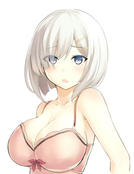 Anime picture 1000x1300 with kantai collection hamakaze destroyer ishima yuu single tall image blush fringe short hair breasts open mouth blue eyes light erotic simple background smile large breasts white background upper body white hair hair over one eye huge breasts