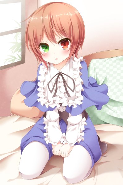 Anime picture 796x1200 with rozen maiden souseiseki aibumi single tall image looking at viewer blush short hair red eyes brown hair sitting green eyes loli heterochromia girl shorts frills pillow bed