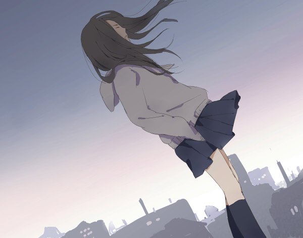 Anime picture 1350x1060 with original hanno single long hair black hair eyes closed wind girl skirt socks black socks sweater