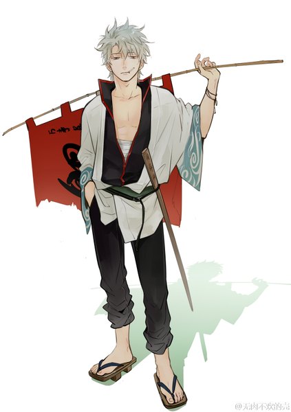 Anime picture 1223x1736 with gintama sunrise (studio) sakata gintoki ke (pixiv) single tall image looking at viewer short hair simple background red eyes white background signed silver hair shadow hand in pocket smoking boy weapon sword belt