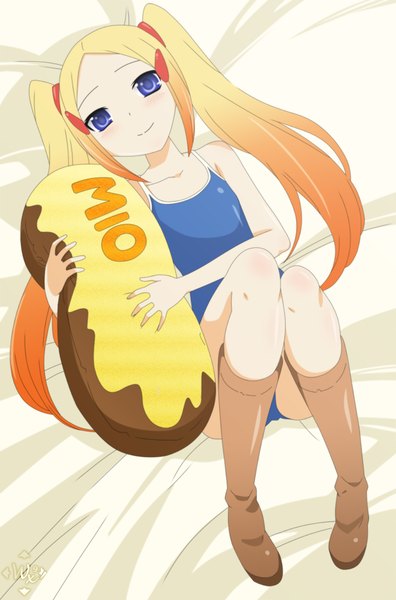 Anime picture 1320x2000 with kami nomi zo shiru sekai aoyama mio von-cx (van-dinex) single long hair tall image blonde hair twintails lying loli coloring girl swimsuit boots pillow