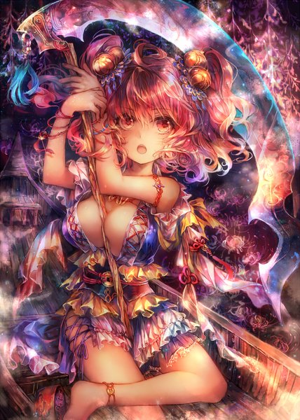 Anime picture 750x1050 with touhou onozuka komachi shigaraki (strobe blue) single tall image short hair breasts open mouth light erotic red eyes sitting red hair two side up girl dress hair ornament weapon scythe