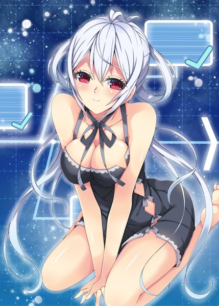 Anime picture 1100x1539 with phantasy star phantasy star online 2 sega matoi (pso2) milkpanda single long hair tall image looking at viewer blush breasts light erotic smile red eyes bare shoulders cleavage white hair girl dress black dress