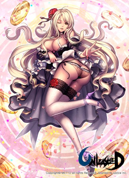 Anime picture 600x831 with unleashed metto single long hair tall image looking at viewer breasts light erotic large breasts brown eyes ass white hair one eye closed wink girl thighhighs dress underwear panties petals