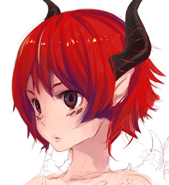 Anime picture 778x848 with original teroru single tall image fringe short hair simple background white background purple eyes bare shoulders red hair parted lips horn (horns) pointy ears facial mark portrait demon girl sketch girl