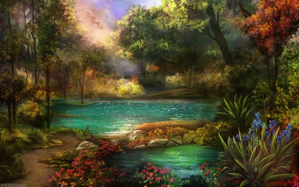 Anime picture 1280x800 with vinegar (artist) wide image wallpaper landscape lake flower (flowers) plant (plants) tree (trees) water forest