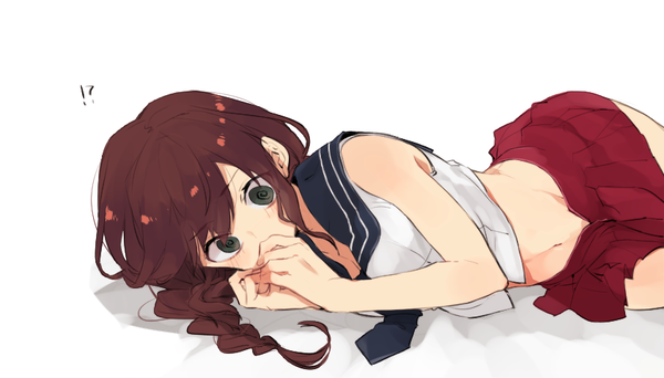 Anime picture 842x481 with kantai collection noshiro light cruiser hita (hitapita) single long hair blush simple background brown hair wide image white background bare shoulders green eyes lying braid (braids) bare belly looking down @ @ !? girl uniform
