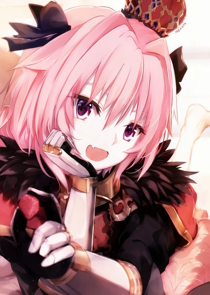 Anime picture 701x982 with fate (series) fate/grand order fate/apocrypha astolfo (fate) nekoya (liu) single long hair tall image looking at viewer fringe open mouth hair between eyes purple eyes pink hair lying barefoot fang (fangs) on stomach head rest boy