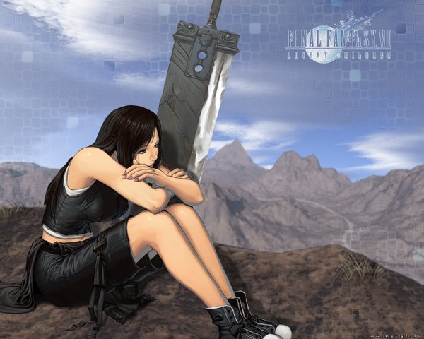 Anime picture 1280x1024 with final fantasy final fantasy vii square enix tifa lockhart single long hair black hair sitting sky cloud (clouds) bent knee (knees) realistic grey eyes copyright name mountain girl weapon sword shoes sneakers