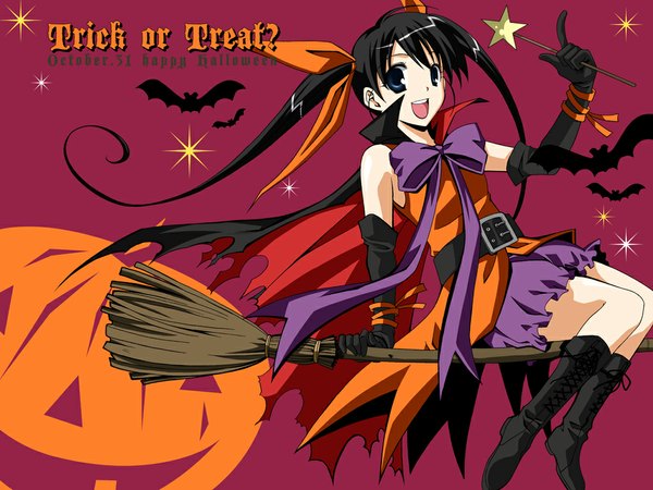 Anime picture 1024x768 with ratman - the smallest hero!? kizaki rio (ratman) inui sekihiko single long hair looking at viewer open mouth blue eyes black hair smile twintails halloween happy halloween trick or treat girl gloves bow hair bow animal elbow gloves