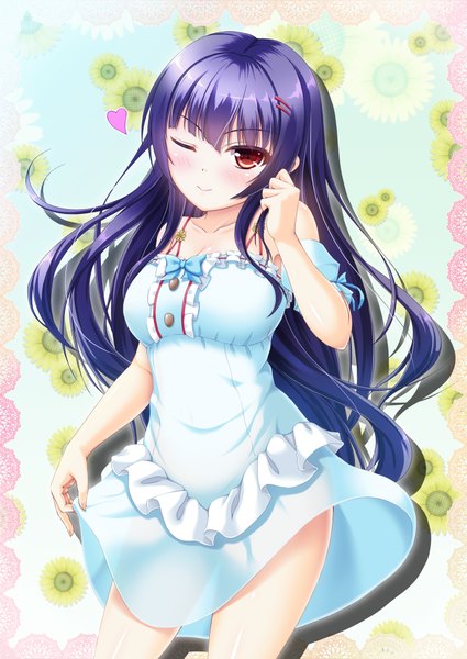 Anime picture 1416x2000 with original hiro (725611) single long hair tall image looking at viewer blush smile red eyes blue hair one eye closed wink girl dress flower (flowers) heart sundress