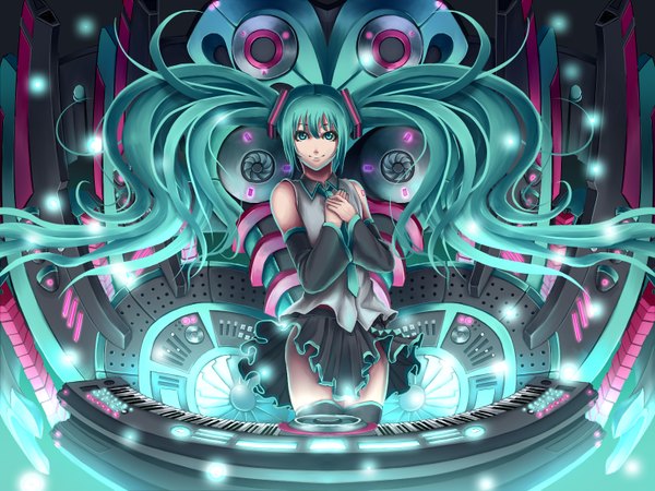 Anime picture 1536x1152 with vocaloid hatsune miku cola single long hair looking at viewer fringe smile twintails very long hair aqua eyes aqua hair tattoo girl thighhighs detached sleeves necktie headphones synthesizer