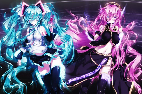Anime picture 1800x1200 with vocaloid hatsune miku megurine luka coracola long hair looking at viewer blush highres blue eyes twintails bare shoulders multiple girls blue hair pink hair pleated skirt pink eyes alternate costume girl thighhighs skirt