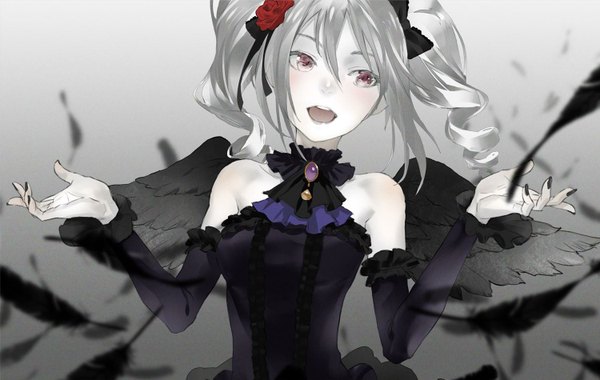 Anime picture 1500x950 with idolmaster idolmaster cinderella girls kanzaki ranko redjuice single long hair fringe open mouth smile purple eyes twintails bare shoulders looking away silver hair long sleeves nail polish hair flower gradient background spread arms pale skin