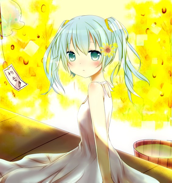 Anime picture 1600x1700 with vocaloid hatsune miku misa (kaeruhitode) single long hair tall image looking at viewer twintails bare shoulders hair flower aqua eyes aqua hair girl dress hair ornament flower (flowers) water sundress