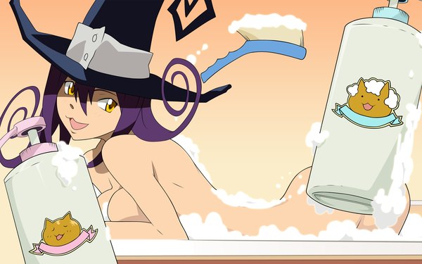 Anime picture 2560x1600 with soul eater studio bones blair single long hair highres light erotic wide image yellow eyes purple hair girl witch hat bath scrubber