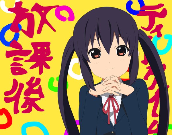 Anime picture 3500x2753 with k-on! kyoto animation nakano azusa single long hair looking at viewer fringe highres black hair smile hair between eyes twintails brown eyes payot upper body inscription hieroglyph yellow background hands clasped interlocked fingers