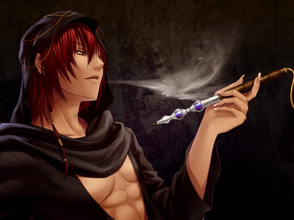 Anime picture 1600x1200 with original shirohebi maru single short hair yellow eyes red hair wallpaper smoking boy earrings arabian clothes hookah