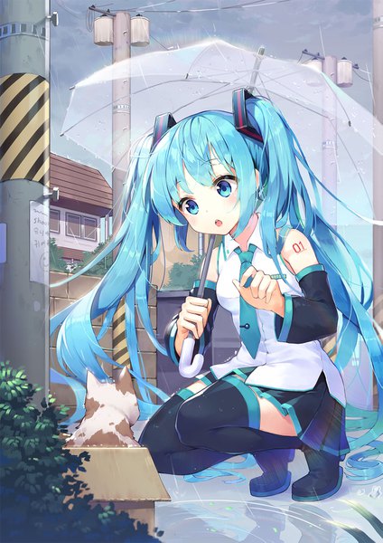 Anime picture 1101x1557 with vocaloid hatsune miku shoonia single tall image blush fringe breasts open mouth holding sky cloud (clouds) full body very long hair aqua eyes aqua hair :o tattoo looking down squat