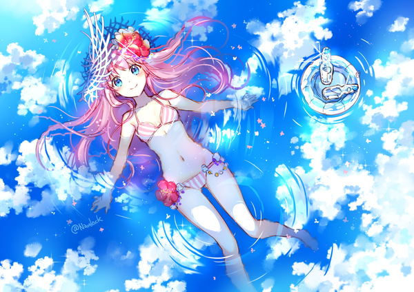 Anime picture 1000x707 with original nardack single long hair looking at viewer blush fringe blue eyes smile bare shoulders signed pink hair sky lying barefoot hair flower bare legs bare belly no shoes reflection