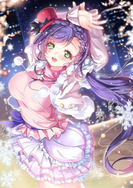 Anime picture 640x905 with love live! school idol project sunrise (studio) love live! toujou nozomi deeple single long hair tall image looking at viewer blush breasts open mouth large breasts standing twintails green eyes purple hair braid (braids) from above night
