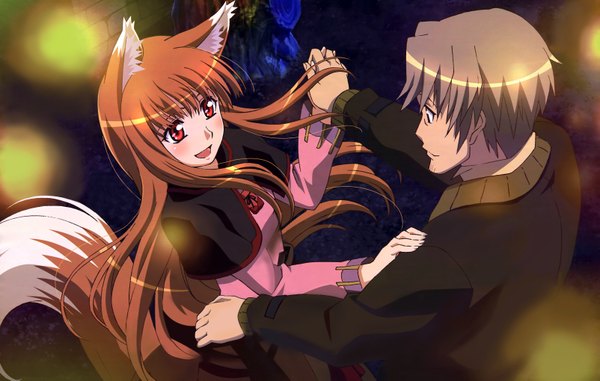 Anime picture 6415x4075 with spice and wolf horo craft lawrence arakawa megumi (artist) long hair highres short hair red eyes animal ears absurdres animal tail grey hair orange hair couple holding hands dancing girl boy