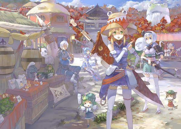 Anime picture 1626x1163 with touhou monster hunter hakurei reimu remilia scarlet konpaku youmu kochiya sanae cirno myon fujiwara no mokou hong meiling moriya suwako chen yasaka kanako yagokoro eirin mystia lorelei morichika rinnosuke hong meiling (panda) 77gl long hair short hair