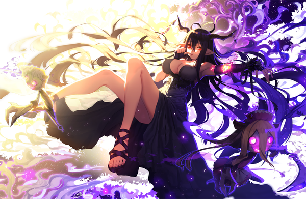 Anime picture 1500x978 with granblue fantasy danua hikaru kirara single long hair looking at viewer breasts light erotic black hair red eyes large breasts horn (horns) pointy ears bare legs draph girl dress black dress
