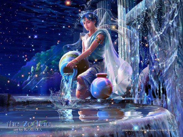 Anime picture 1600x1200 with kagaya single short hair blue eyes bare shoulders blue hair realistic night sky kneeling ruins 3d zodiac aquarius (zodiac) girl water bracelet star (stars) pillar column pitcher