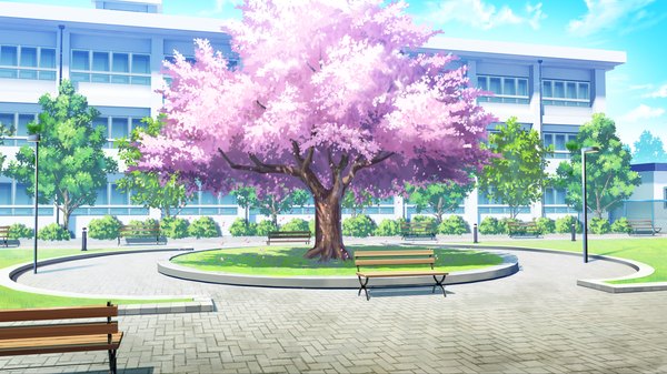 Anime picture 2050x1153 with love la bride highres wide image game cg cloud (clouds) cherry blossoms landscape plant (plants) petals tree (trees) bench