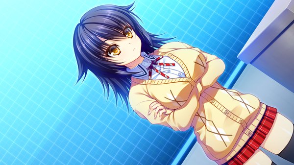 Anime picture 1280x720 with re:birth colony asami asami short hair black hair wide image yellow eyes game cg zettai ryouiki girl thighhighs skirt black thighhighs miniskirt sweater